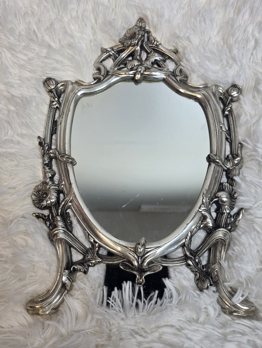 Antique French Art Nouveau Silver Plate Dresser Vanity Table Easel Back Mirror. - Picture 2 of 4